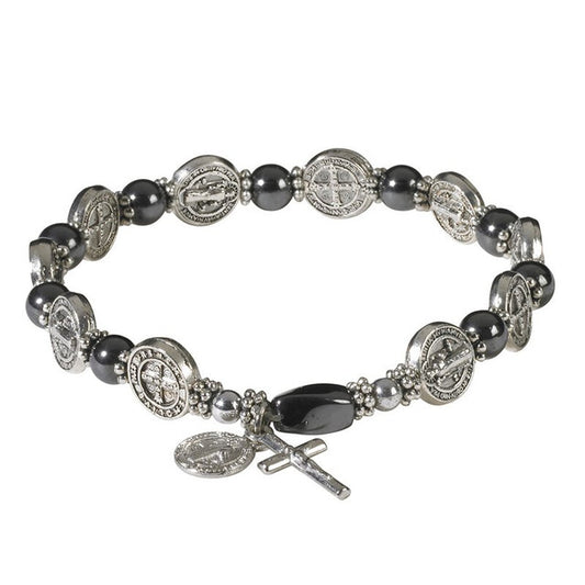 St. Benedict Stretch Hematite Rosary Bracelet