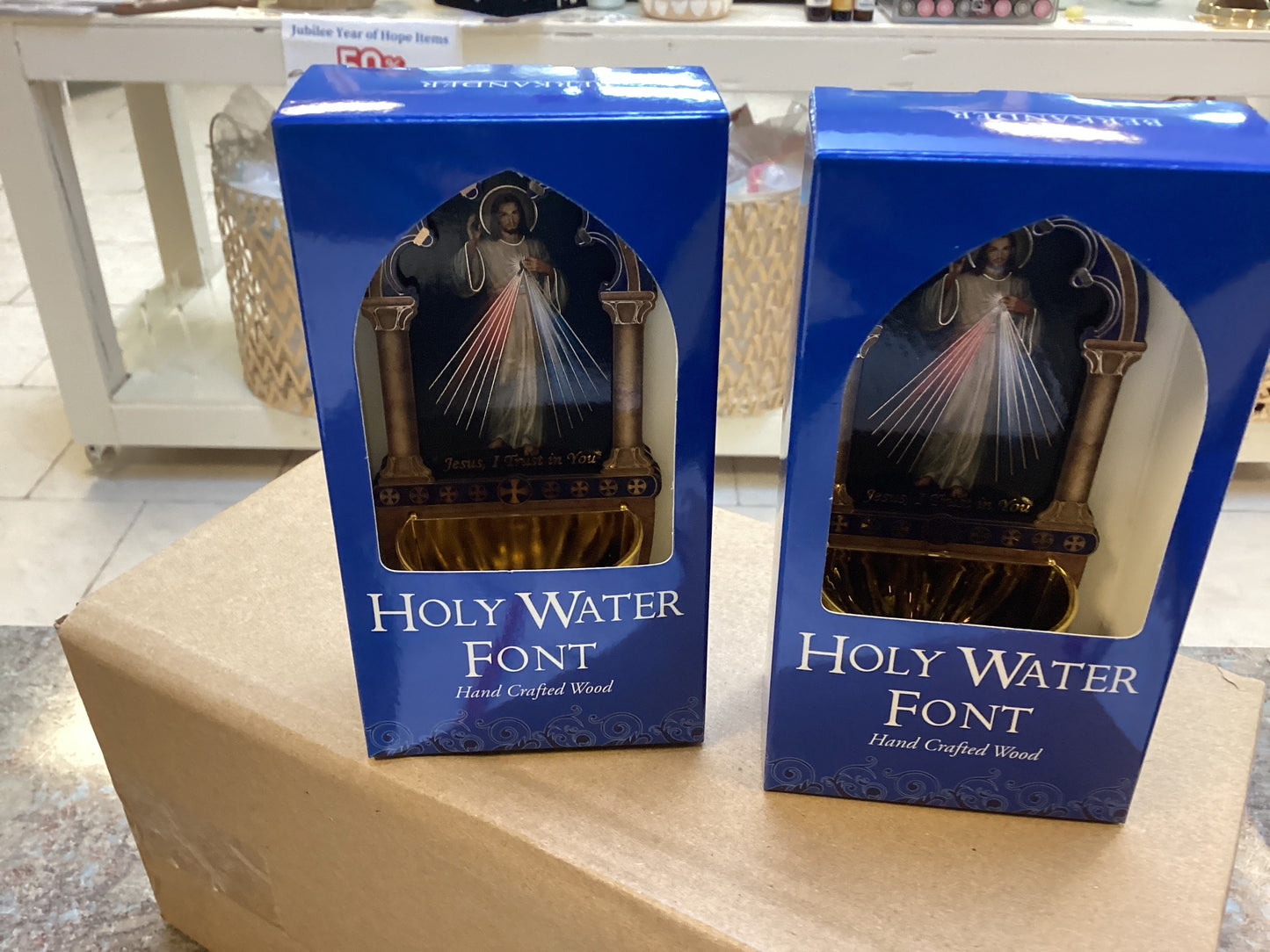 Laser wood holy water font Divine Mercy