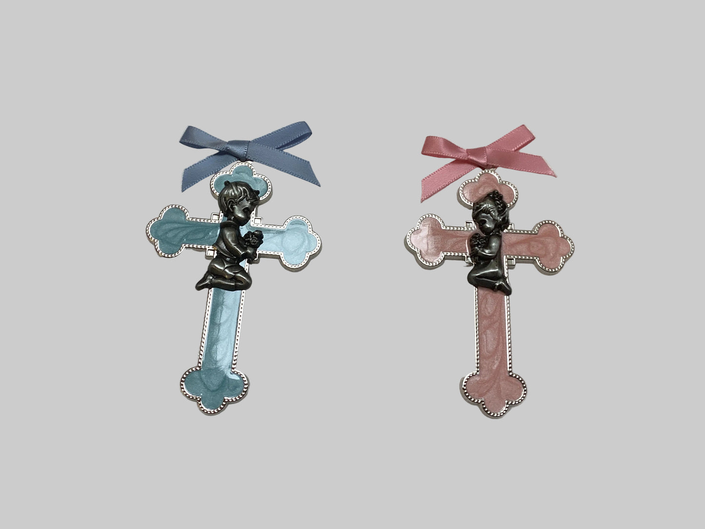 Praying Boy blu English cross and Praying girl pnk enml cross