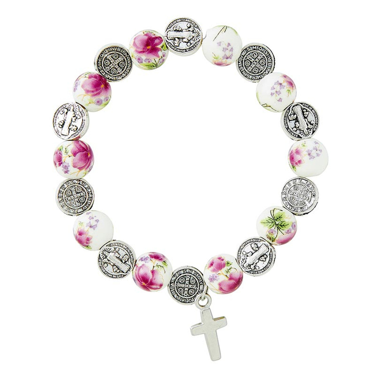 St. Benedict Pink Floral Bead Rosary Bracelet