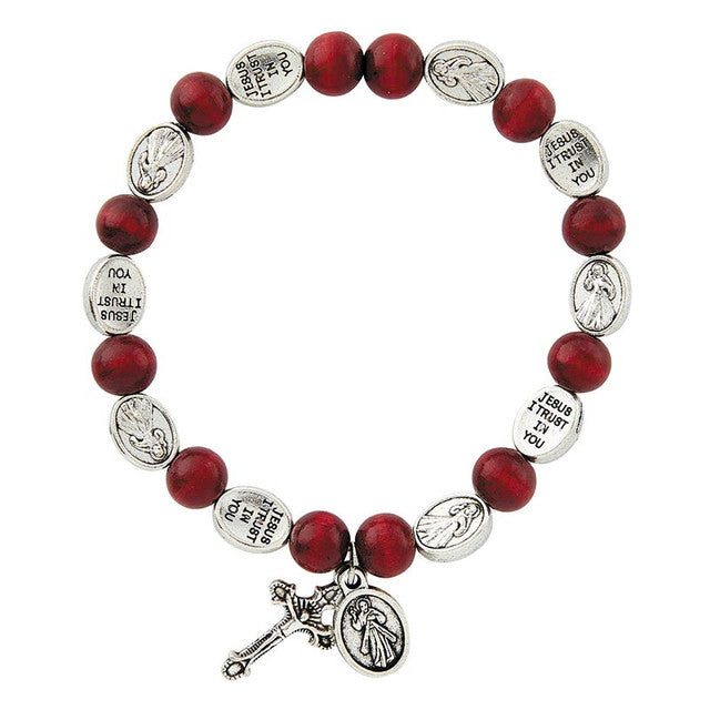 Red Wood Divine Mercy Rosary Bracelet